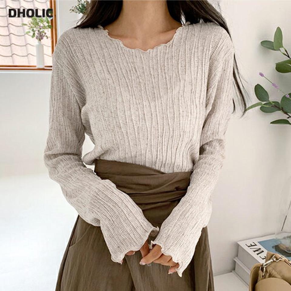 ウェーブヘムクロップドTシャツ・全4色・t65764 レディース 【tops】韓国ファッション トップス Tシャツ 長袖 ウェーブ ガーリー ラウンドネック シワ クロップド丈 ベーシック デイリー フェミニン 萌え袖 夏 春