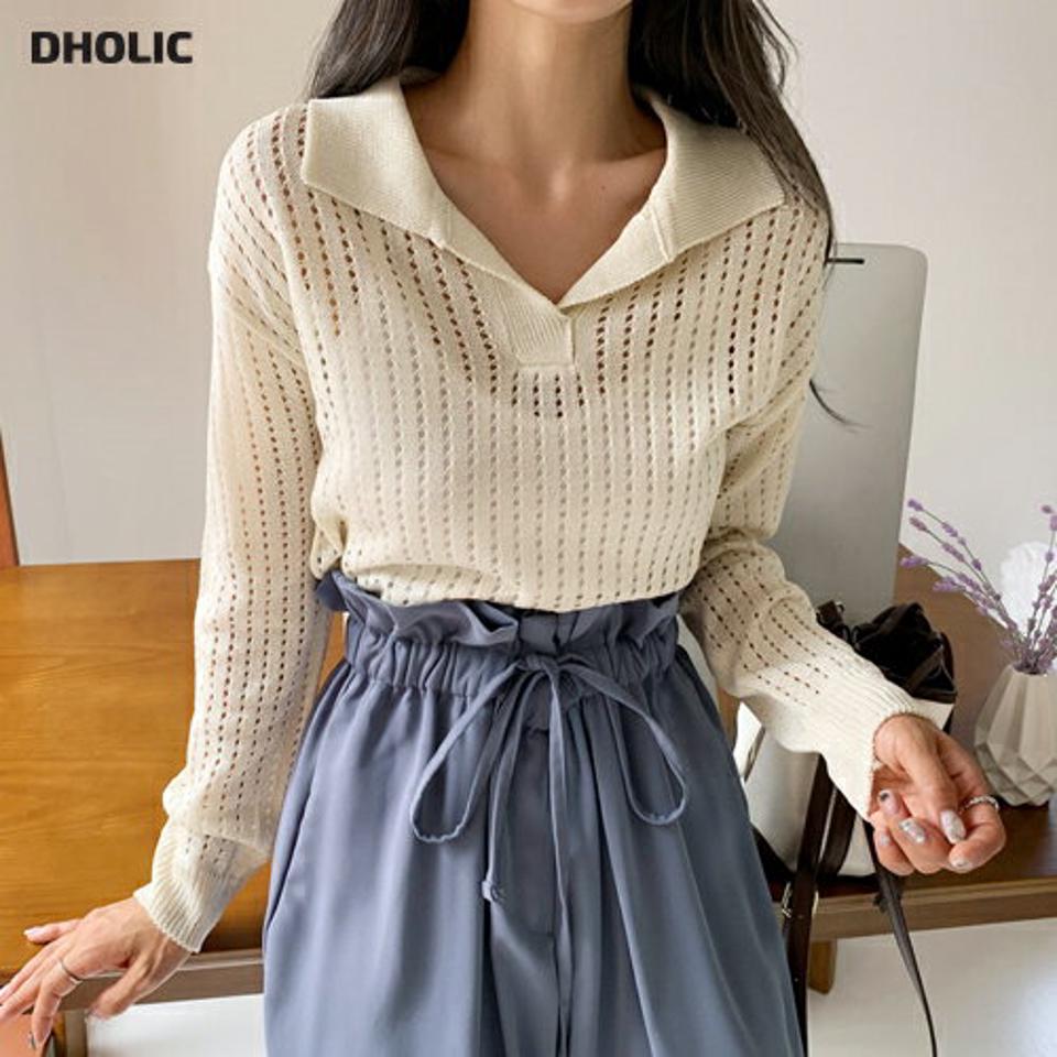 パンチングカラーネックニット・全6色・t65765 レディース 【tops】韓国 ファッション トップス ニット 半袖 パンチング シースルー スリット カラーネック リブ ベーシック デイリー 体型カバー 細身 フェミニン 夏 春