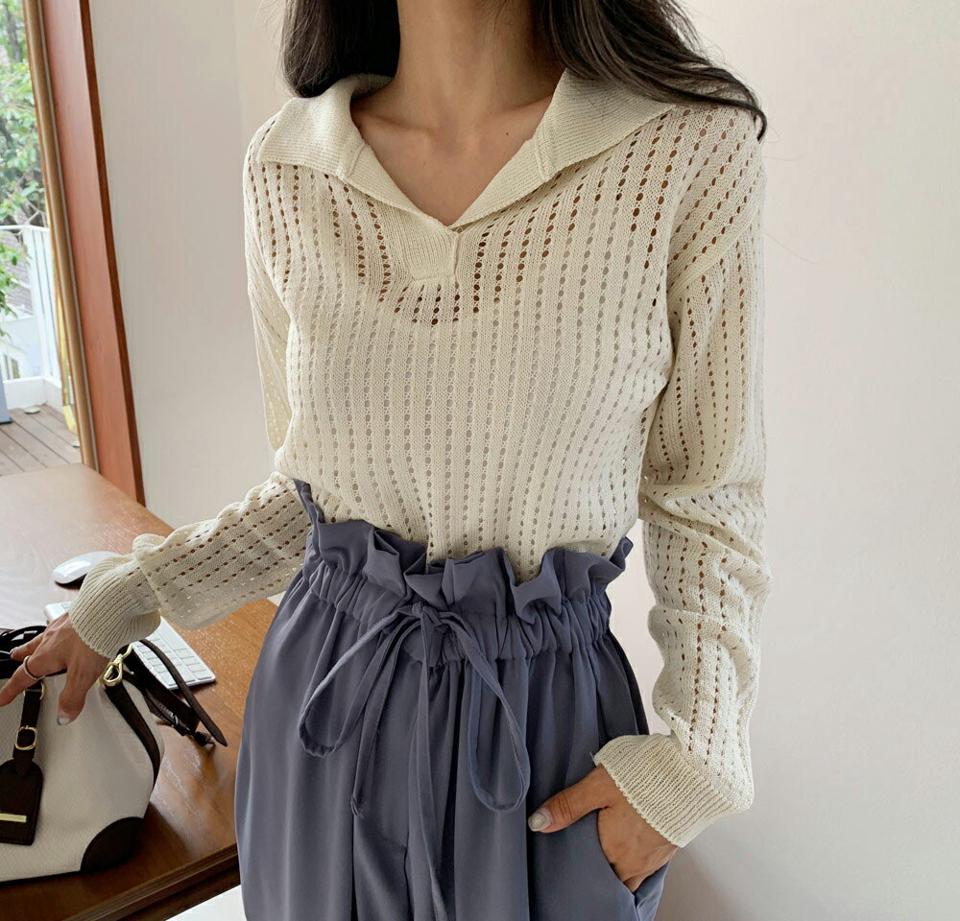 パンチングカラーネックニット・全6色・t65765 レディース 【tops】韓国 ファッション トップス ニット 半袖 パンチング シースルー スリット カラーネック リブ ベーシック デイリー 体型カバー 細身 フェミニン 夏 春