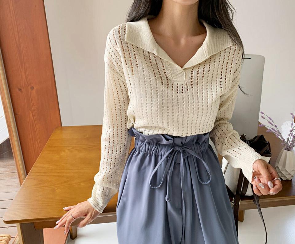 パンチングカラーネックニット・全6色・t65765 レディース 【tops】韓国 ファッション トップス ニット 半袖 パンチング シースルー スリット カラーネック リブ ベーシック デイリー 体型カバー 細身 フェミニン 夏 春