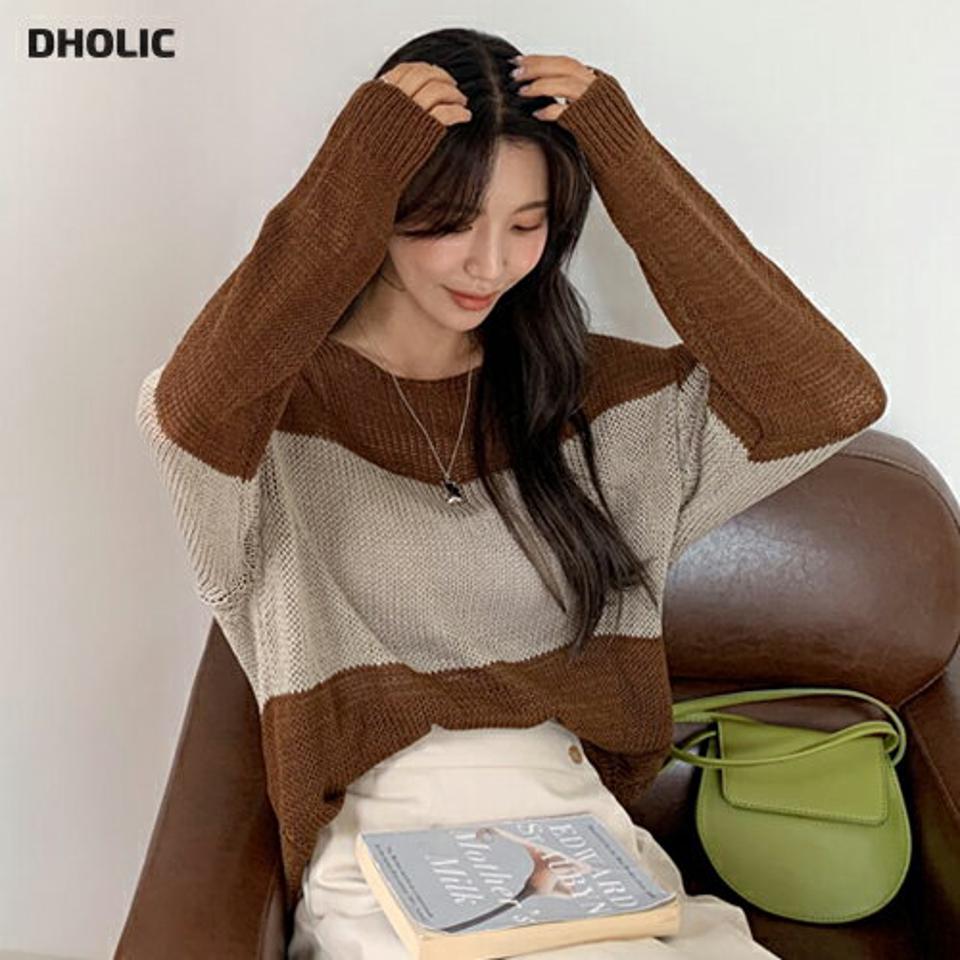 配色ルーズフィットニット・全3色・t65778 レディース 【tops】韓国ファッション トップス ニット 年上 長袖 メリハリ 配色 ルーズ ゆったり 大人 デコルテ ラウンドネック ベーシック デイリー 細身 フェミニン 夏 春