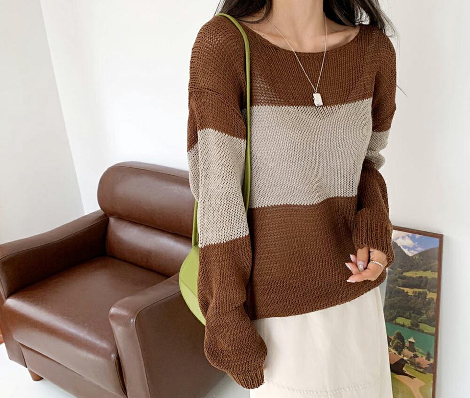 配色ルーズフィットニット・全3色・t65778 レディース 【tops】韓国ファッション トップス ニット 年上 長袖 メリハリ 配色 ルーズ ゆったり 大人 デコルテ ラウンドネック ベーシック デイリー 細身 フェミニン 夏 春