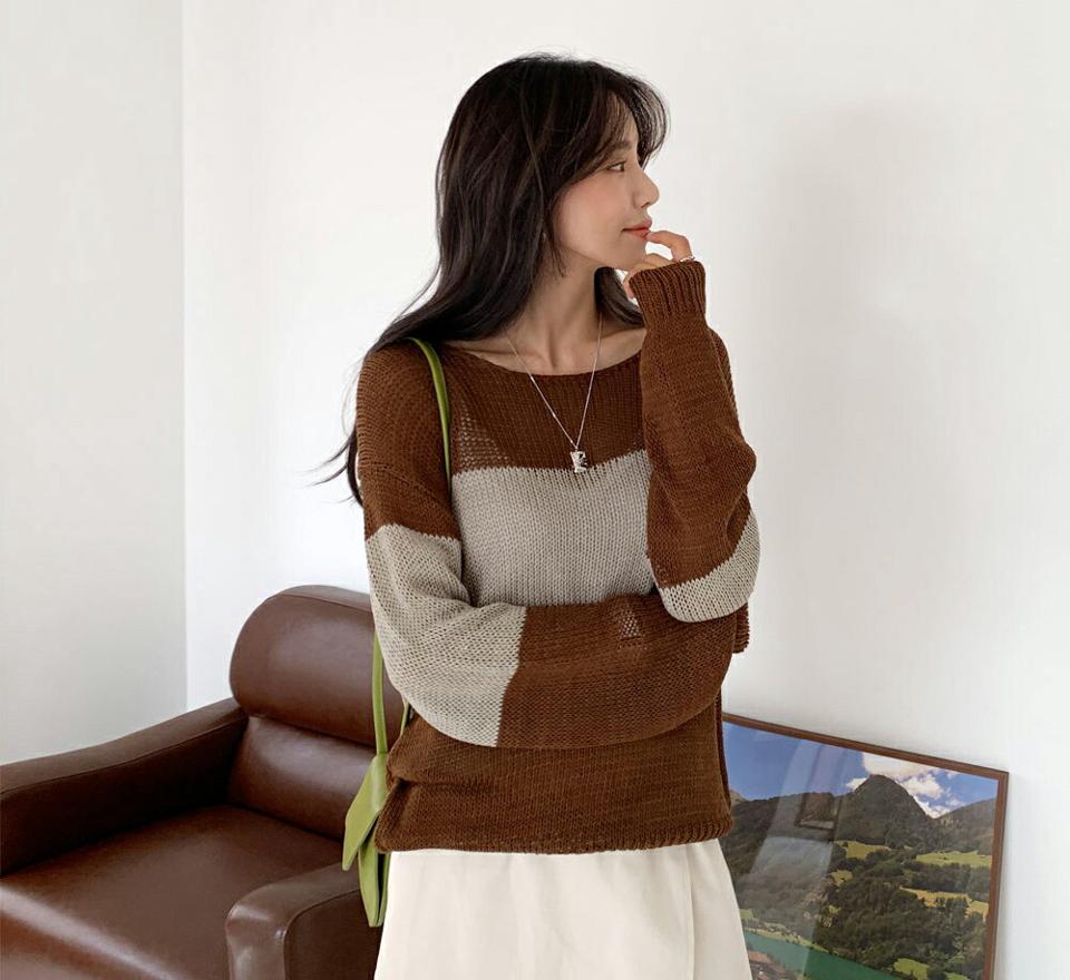 配色ルーズフィットニット・全3色・t65778 レディース 【tops】韓国ファッション トップス ニット 年上 長袖 メリハリ 配色 ルーズ ゆったり 大人 デコルテ ラウンドネック ベーシック デイリー 細身 フェミニン 夏 春