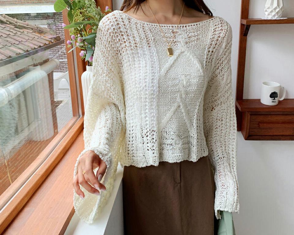 ボートネックシアークロップドニット・全6色・t65758 レディース 【tops】韓国 ファッション トップス ニット 長袖 シアー ルーズ ゆったり ラフ ナイロン シースルー ボートネック 大人 デコルテ ベーシック デイリー 体型カバー 細身 フェミニン 夏 春