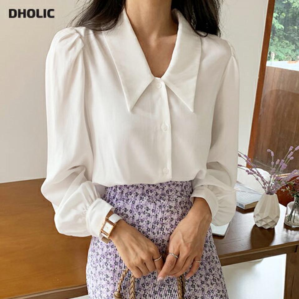 カラーパフブラウス・全4色・t65823 レディース 【bl】韓国ファッション トップス ブラウス 長袖 ルーズ ゆったり ベーシック レーヨン カラーネック ギャザー ボリューム ボタン オフィスカジュアル フェミニン 上品 スリム 秋 夏 春