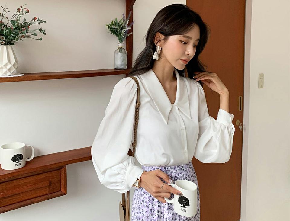 カラーパフブラウス・全4色・t65823 レディース 【bl】韓国ファッション トップス ブラウス 長袖 ルーズ ゆったり ベーシック レーヨン カラーネック ギャザー ボリューム ボタン オフィスカジュアル フェミニン 上品 スリム 秋 夏 春