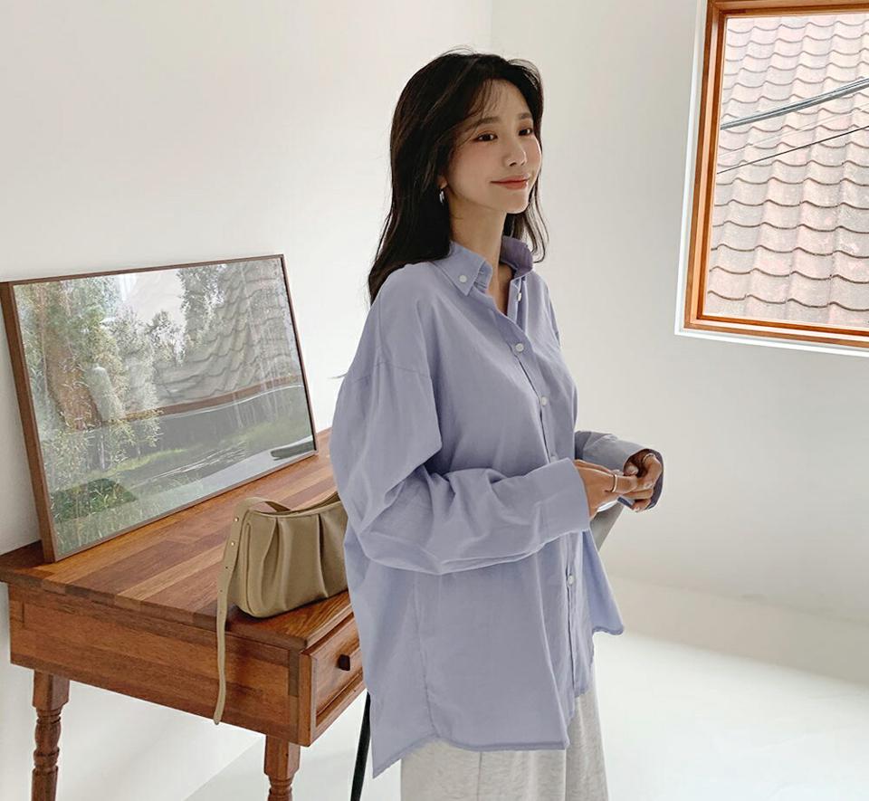 即日配送【只今30%OFF】ボタンダウンシャツ・全5色・t65777 レディース 【bl】韓国ファッション トップス シャツ 長袖 ルーズ ゆったり ベーシック コットン オフィスカジュアル ルーズ ラウンドヘム アンバランス丈 フェミニン 上品 スリム 秋 夏 春