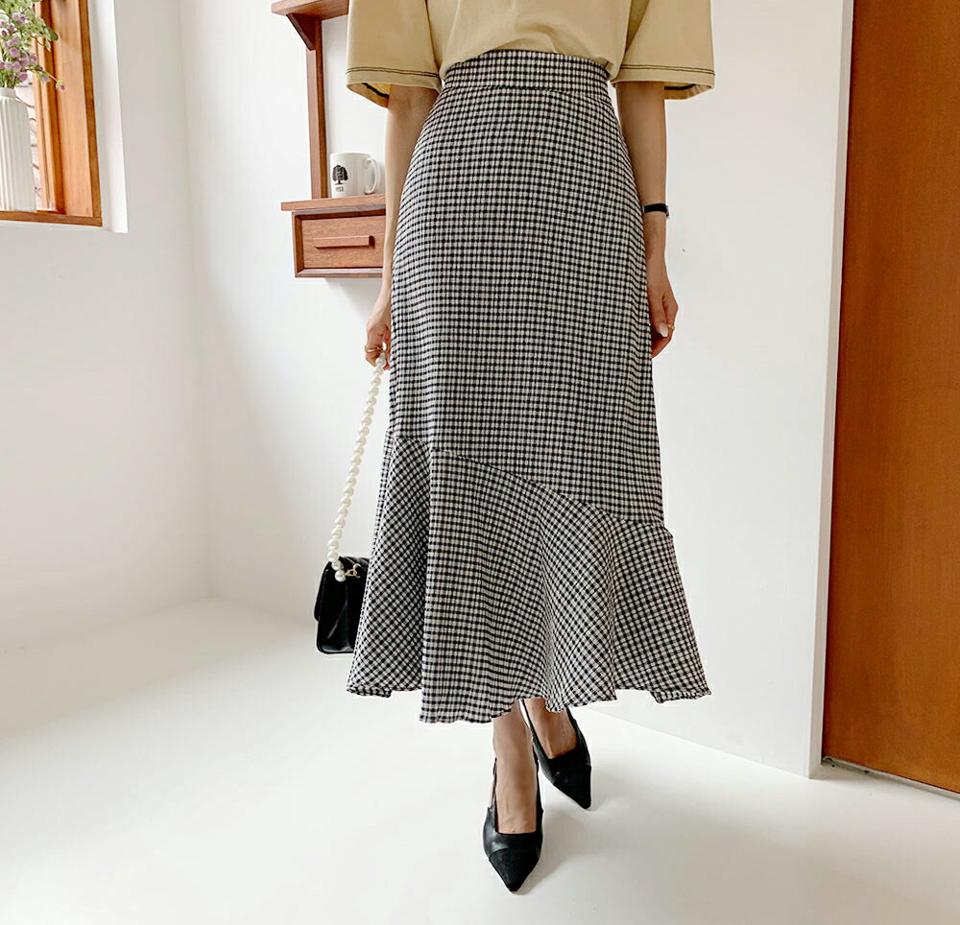 2TYPEフレアスカート・全2色・b65788 レディース 【sk】韓国 ファッション ボトムス スカート ロング ロングスカート フェミニン ベーシック 大人 Aライン ガーリー フレア チェック パターン スリム 細身 足長 体型カバー 秋 夏 春