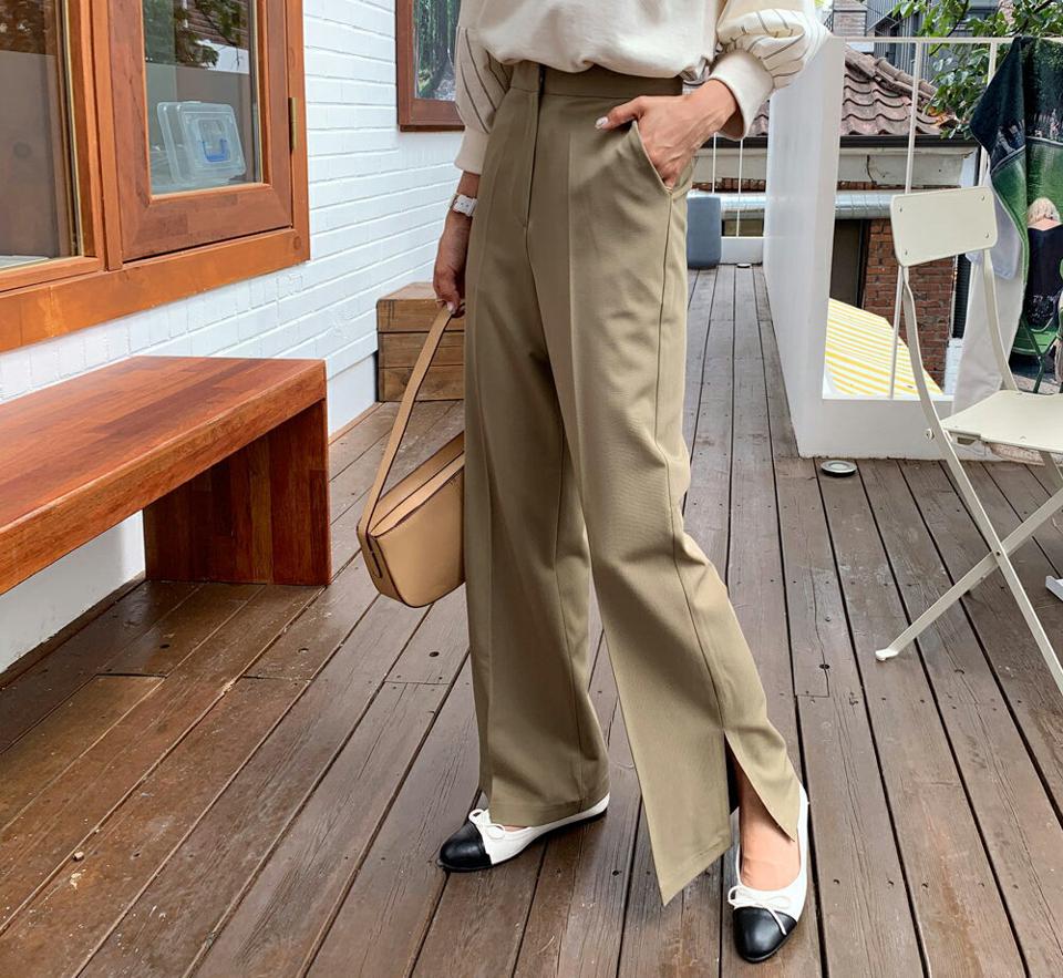 スリットストレートスラックスパンツ・全3色・t65791 レディース 【pt】韓国ファッション ボトムス ロング ロングパンツ ベーシック 美脚 スラックス ストレート フィット タイト 細身 足長 着痩せ オフィスカジュアル 夏 春