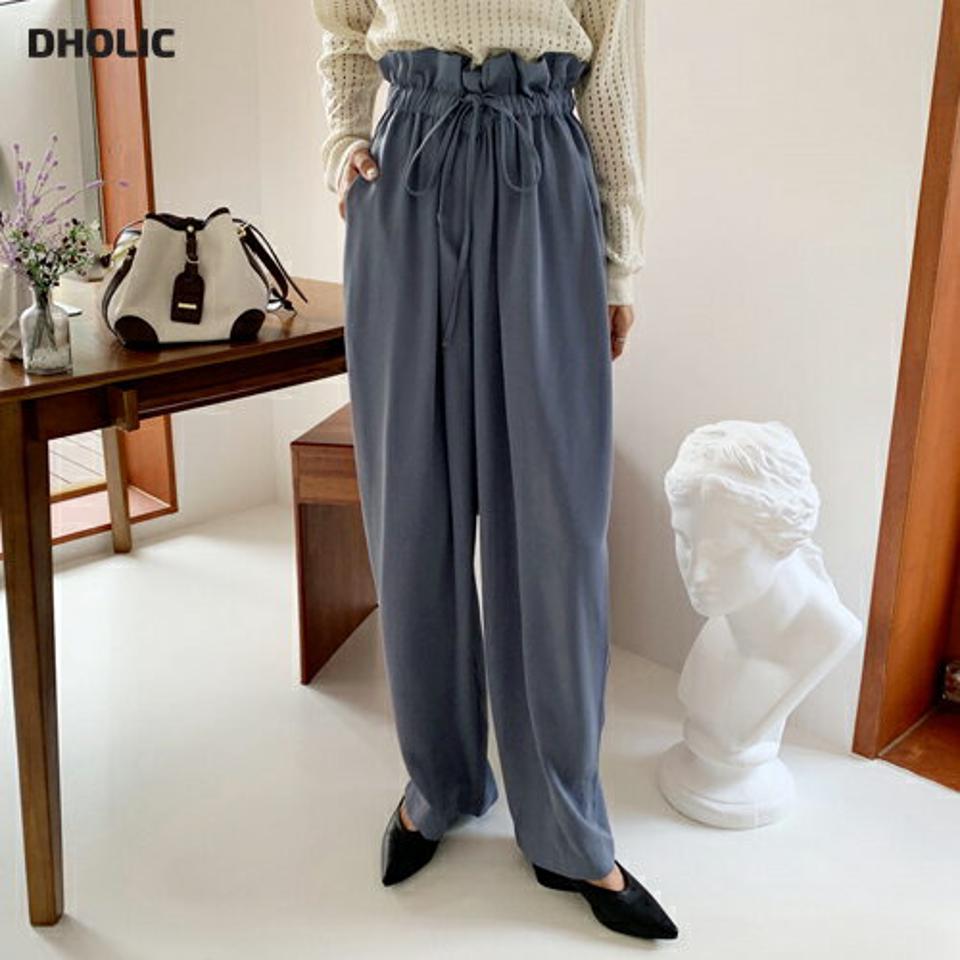 ストリングワイドパンツ・全2色・b65776 レディース 【pt】韓国 ファッション ボトムス ロング ロングパンツ ベーシック ゴム ワイド 楽ちん フリル ストリング フィット 体型カーバー 細身 足長 着痩せ ルーズ ゆったり 夏 春