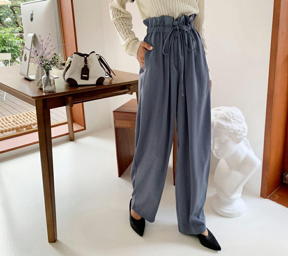 ストリングワイドパンツ・全2色・b65776 レディース 【pt】韓国 ファッション ボトムス ロング ロングパンツ ベーシック ゴム ワイド 楽ちん フリル ストリング フィット 体型カーバー 細身 足長 着痩せ ルーズ ゆったり 夏 春