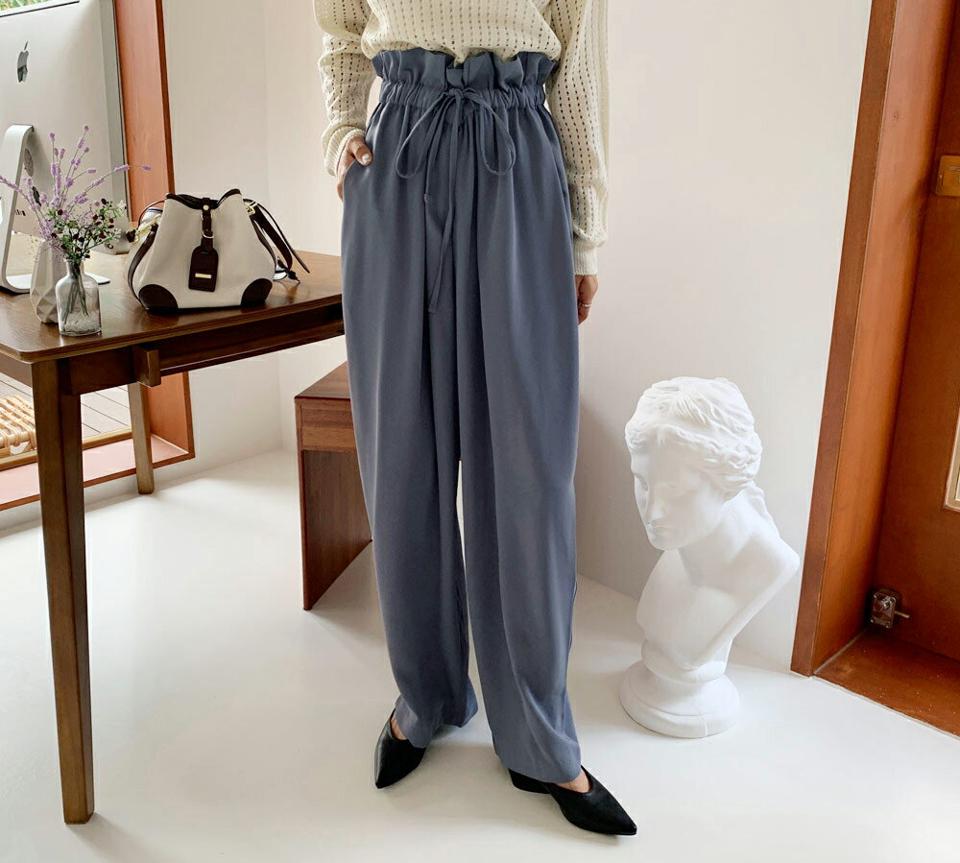 ストリングワイドパンツ・全2色・b65776 レディース 【pt】韓国 ファッション ボトムス ロング ロングパンツ ベーシック ゴム ワイド 楽ちん フリル ストリング フィット 体型カーバー 細身 足長 着痩せ ルーズ ゆったり 夏 春