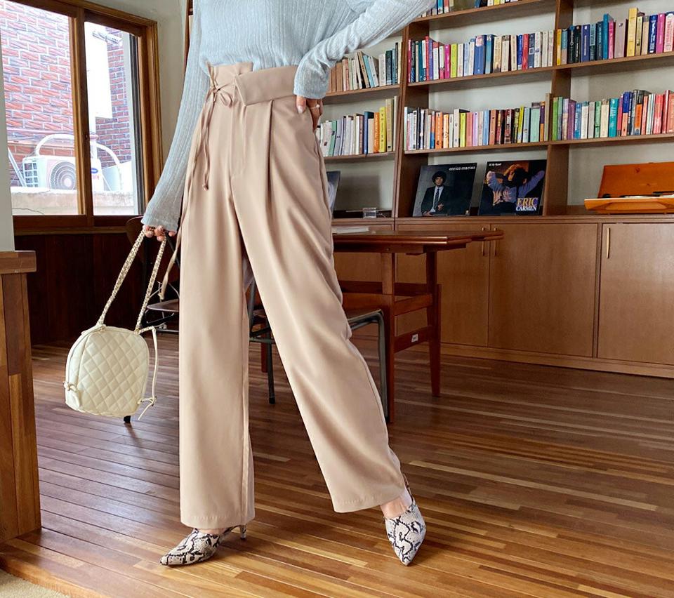 アンバランスリボンワイドパンツ・全2色・t62626 レディース 【pt】韓国ファッション ボトムス ロング ロングパンツ ベーシック ワイド ユニーク リボン ストレート 楽ちん 細身 足長 着痩せ ルーズ ゆったり 夏 春