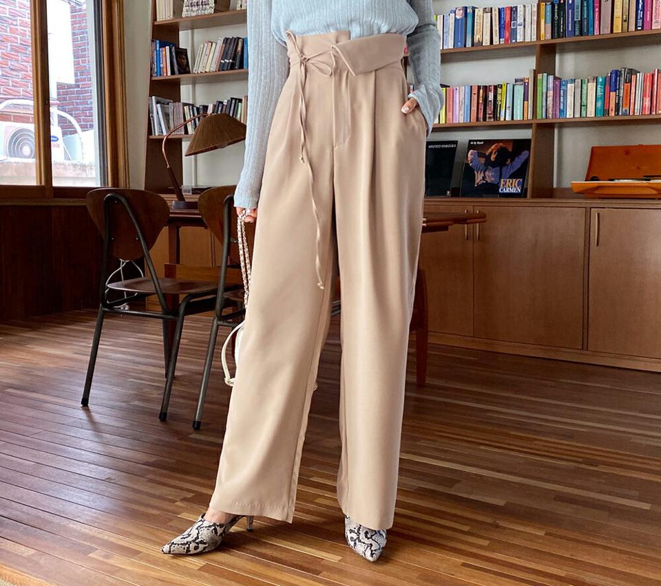 アンバランスリボンワイドパンツ・全2色・t62626 レディース 【pt】韓国ファッション ボトムス ロング ロングパンツ ベーシック ワイド ユニーク リボン ストレート 楽ちん 細身 足長 着痩せ ルーズ ゆったり 夏 春