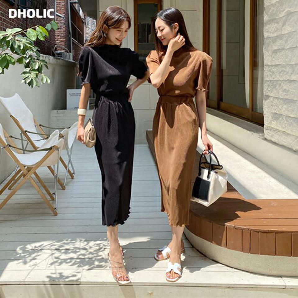 プリーツパフTシャツ&スリットスカートSET・全4色・t62621 レディース 【ops】韓国 ファッション ワンピース ロング ロングワンピース セットアップ セット パフスリーブ ハーフネック 大人 スカート フェミニン Aライン カジュアル 体型カバー 夏 春