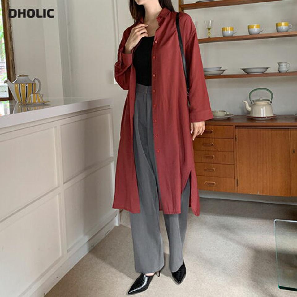 シアーロングシャツ・全4色・e62613 レディース 【bl】韓国ファッション トップス シャツ 長袖 ルーズ ゆったり ベーシック シアー ロングシャツ ロング Hライン スリット ボタン フェミニン かわいい カジュアル スリム インしない 秋 夏 春