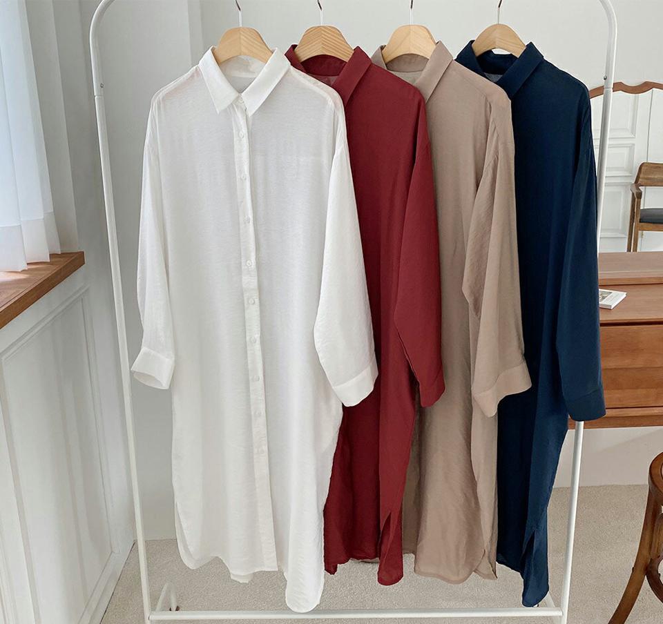 シアーロングシャツ・全4色・e62613 レディース 【bl】韓国ファッション トップス シャツ 長袖 ルーズ ゆったり ベーシック シアー ロングシャツ ロング Hライン スリット ボタン フェミニン かわいい カジュアル スリム インしない 秋 夏 春