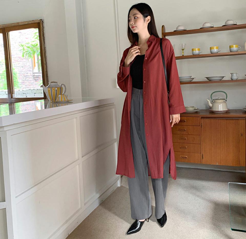 シアーロングシャツ・全4色・e62613 レディース 【bl】韓国ファッション トップス シャツ 長袖 ルーズ ゆったり ベーシック シアー ロングシャツ ロング Hライン スリット ボタン フェミニン かわいい カジュアル スリム インしない 秋 夏 春