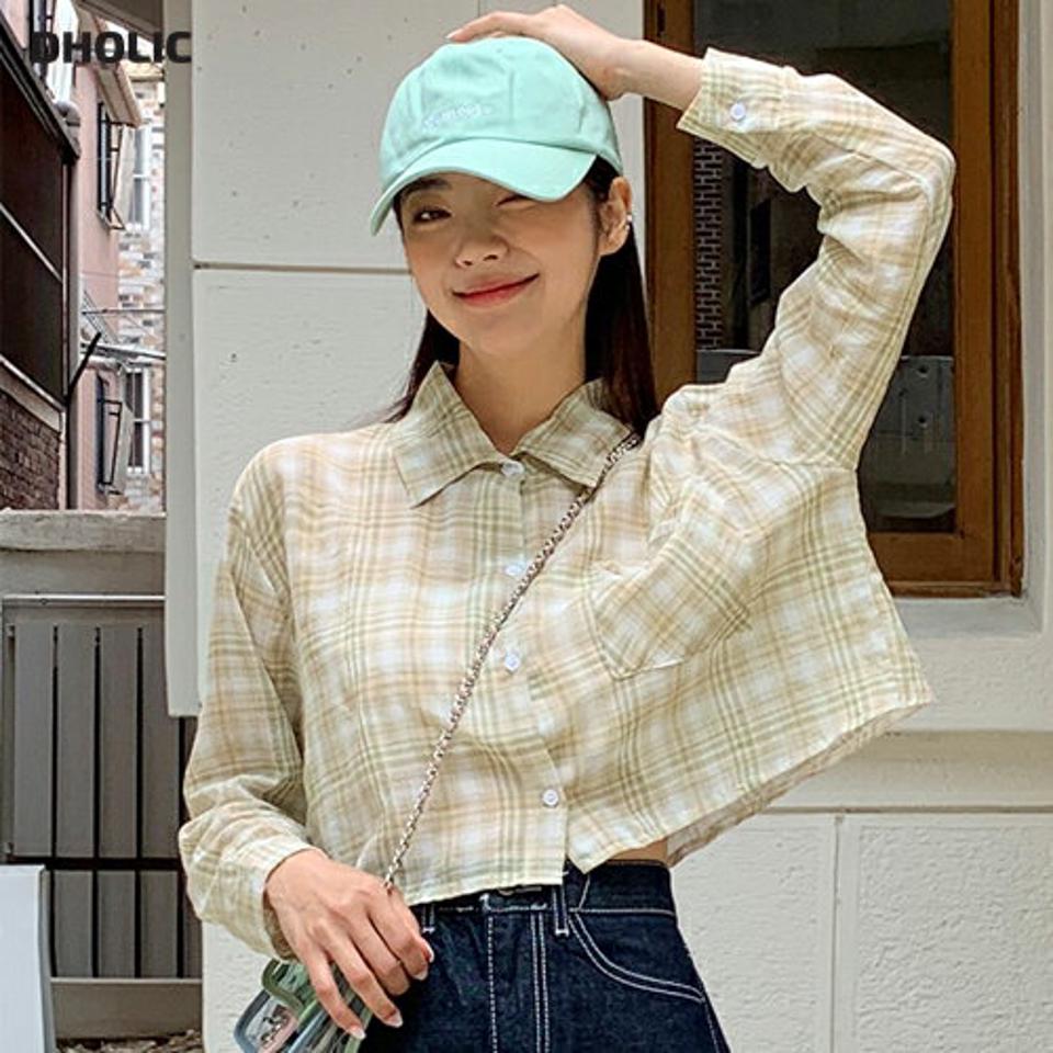 チェッククロップドシャツ・全3色・t62612 レディース 【bl】韓国 ファッション トップス シャツ 長袖 ルーズ ゆったり ベーシック クロップド丈 チェック フェミニン かわいい カジュアル スリム 秋 夏 春