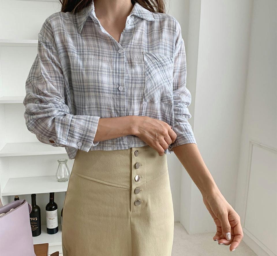 チェッククロップドシャツ・全3色・t62612 レディース 【bl】韓国 ファッション トップス シャツ 長袖 ルーズ ゆったり ベーシック クロップド丈 チェック フェミニン かわいい カジュアル スリム 秋 夏 春