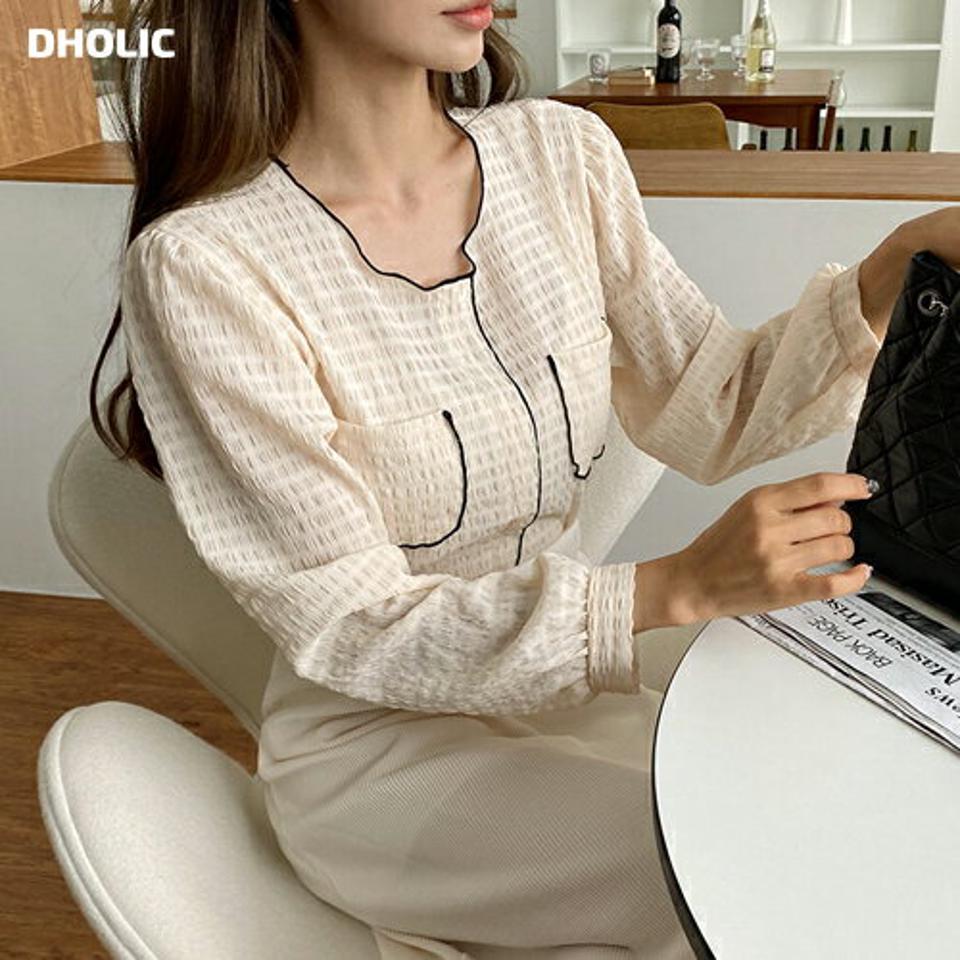 リンクルパイピングポケットブラウス・全4色・t62608 レディース 【bl】韓国 ファッション トップス ブラウス 長袖 ルーズ ゆったり ベーシック ラウンドネック やわらかい リンクル 配色 パイピング フェミニン 上品 スリム 秋 夏 春