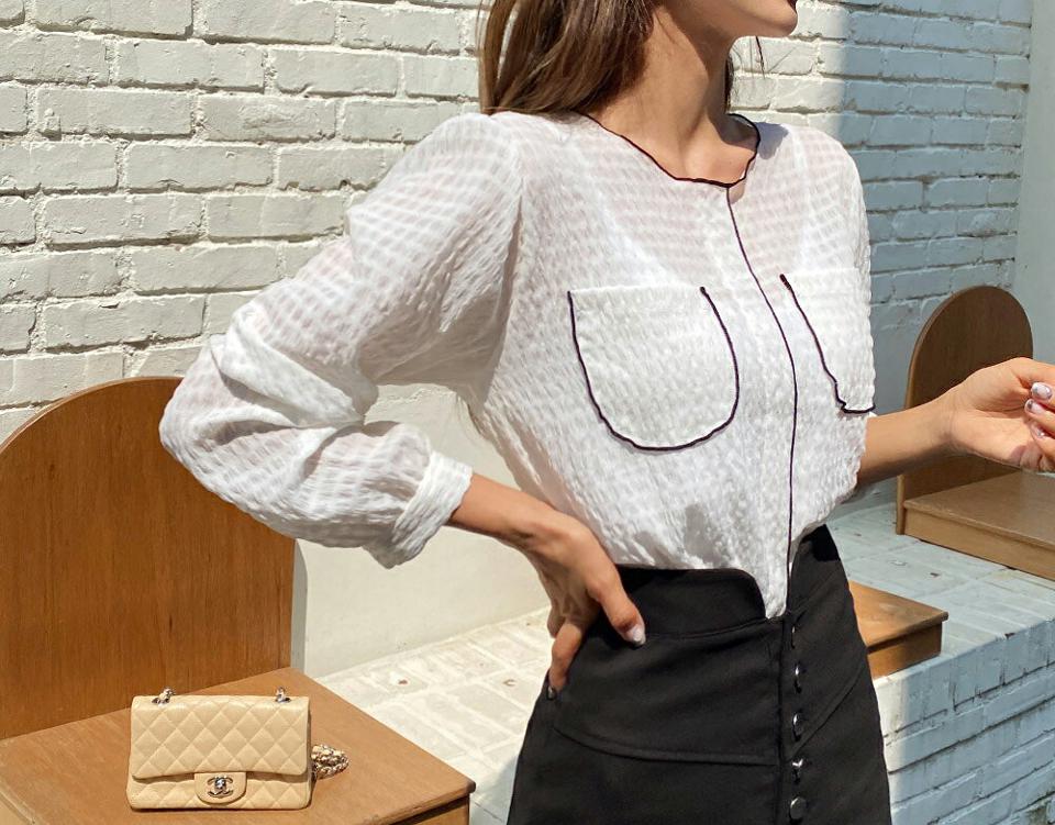 リンクルパイピングポケットブラウス・全4色・t62608 レディース 【bl】韓国 ファッション トップス ブラウス 長袖 ルーズ ゆったり ベーシック ラウンドネック やわらかい リンクル 配色 パイピング フェミニン 上品 スリム 秋 夏 春
