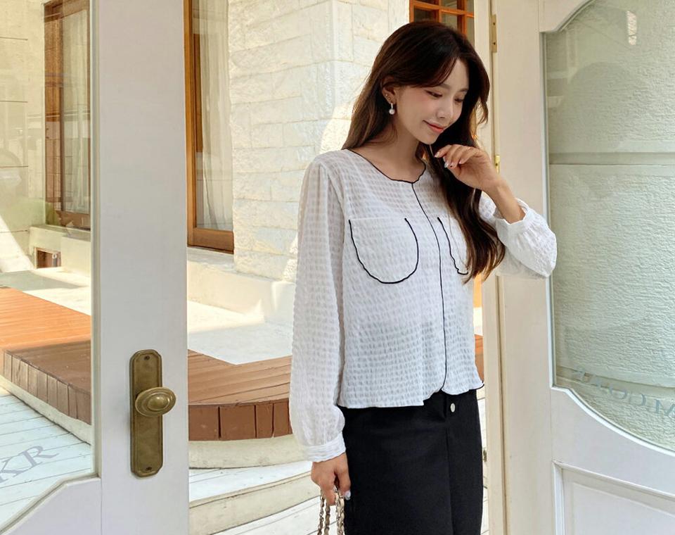 リンクルパイピングポケットブラウス・全4色・t62608 レディース 【bl】韓国 ファッション トップス ブラウス 長袖 ルーズ ゆったり ベーシック ラウンドネック やわらかい リンクル 配色 パイピング フェミニン 上品 スリム 秋 夏 春