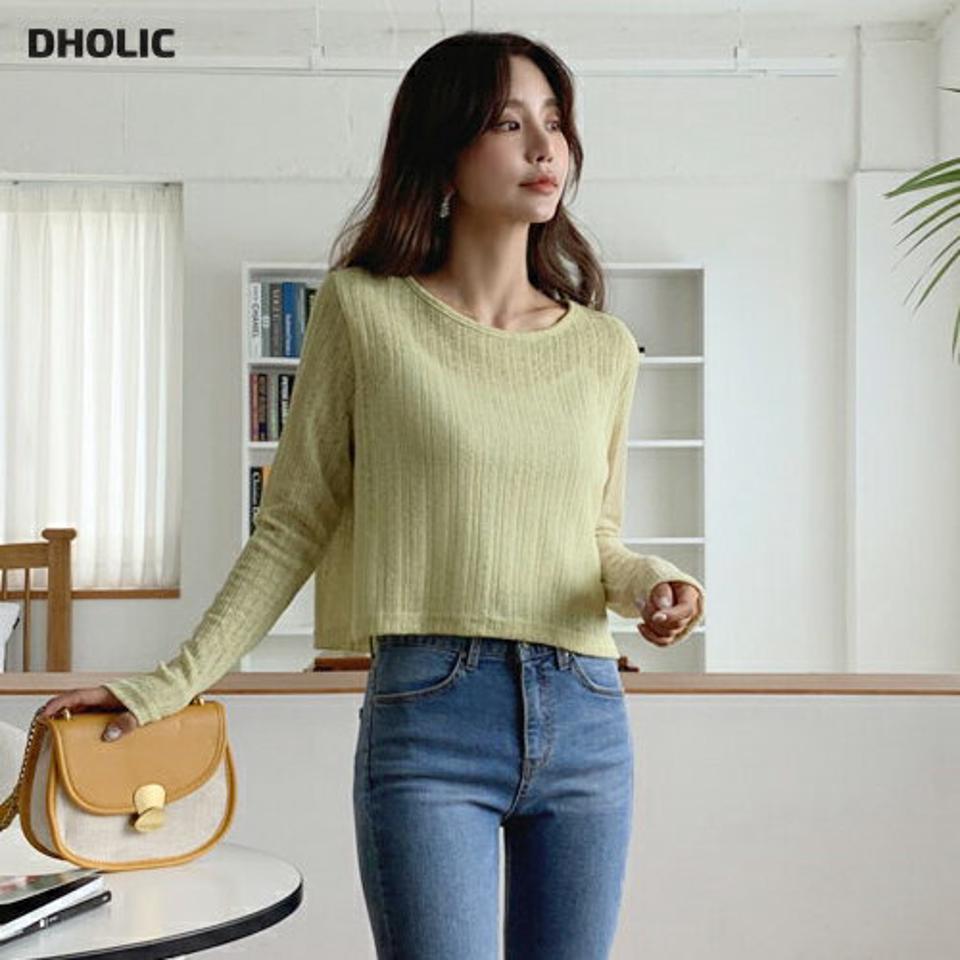 クロップドニット・全4色・t62607 レディース 【tops】韓国 ファッション トップス ニット 長袖 クロップド ラウンドネック ベーシック デイリー 体型カバー 細身 フェミニン 透け感 夏 春
