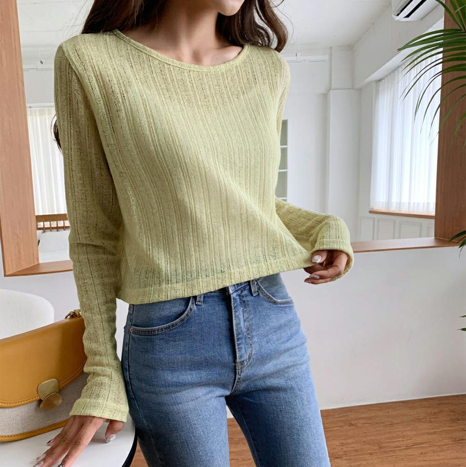 クロップドニット・全4色・t62607 レディース 【tops】韓国 ファッション トップス ニット 長袖 クロップド ラウンドネック ベーシック デイリー 体型カバー 細身 フェミニン 透け感 夏 春