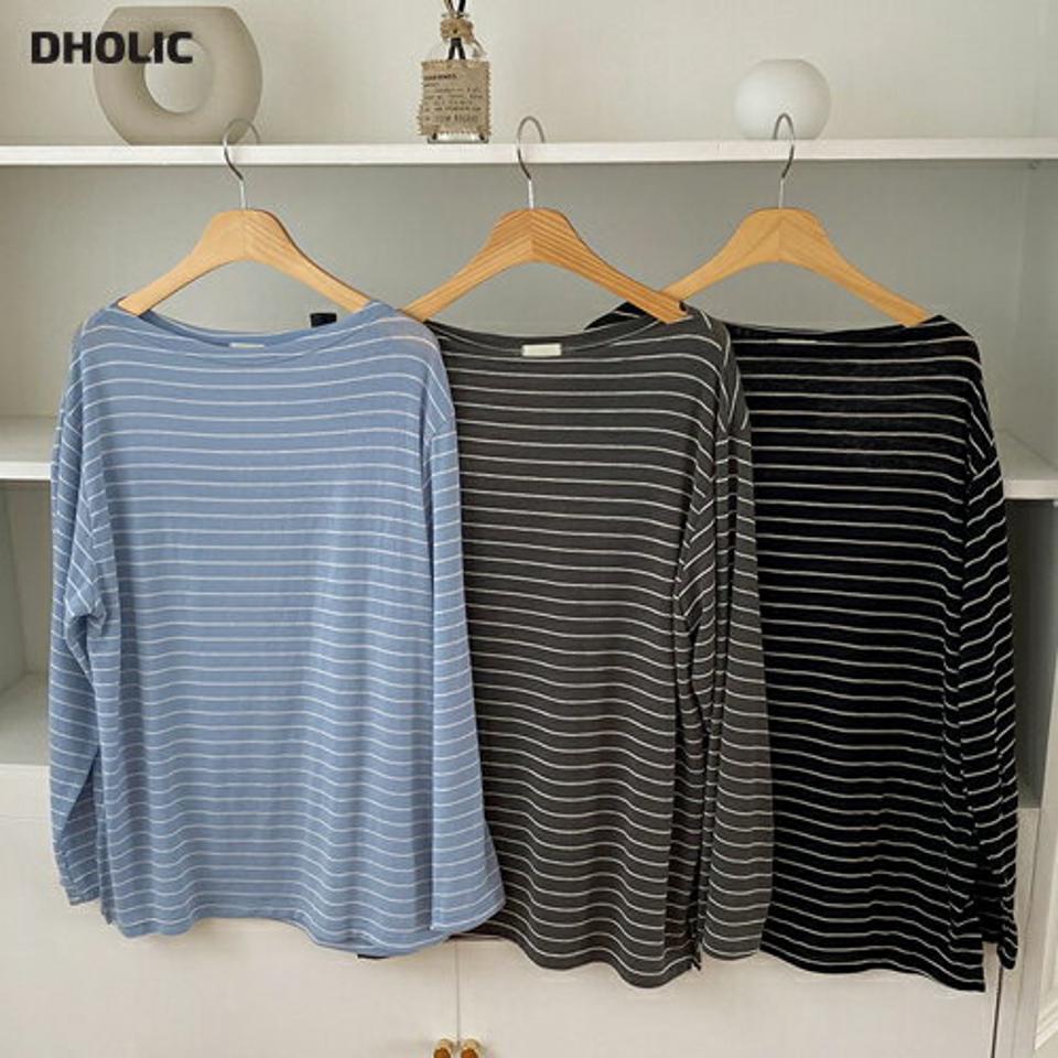 ボーダーボートネックTシャツ・全3色・b62606 レディース 【tops】韓国ファッション トップス Tシャツ 長袖 ボーダー パターン カジュアル ボートネック ラフ ルーズ ラウンドネック ベーシック デイリー 細身 フェミニン 夏 春