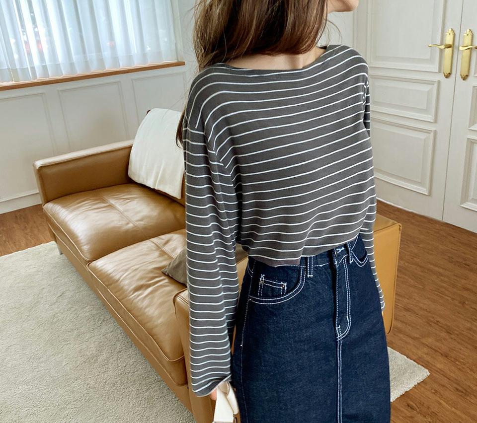ボーダーボートネックTシャツ・全3色・b62606 レディース 【tops】韓国ファッション トップス Tシャツ 長袖 ボーダー パターン カジュアル ボートネック ラフ ルーズ ラウンドネック ベーシック デイリー 細身 フェミニン 夏 春