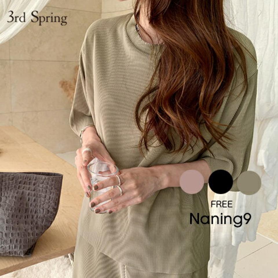NANING9(ナンニング)プリーツ半袖Tシャツ【8/17up_ka】【メール便】韓国 韓国ファッション レディース トップス Tシャツ 半袖 ラウンドネック 丸首 プリーツ プリーツTシャツ ルーズフィット らくちん 着回しレディース ファッション【5】
