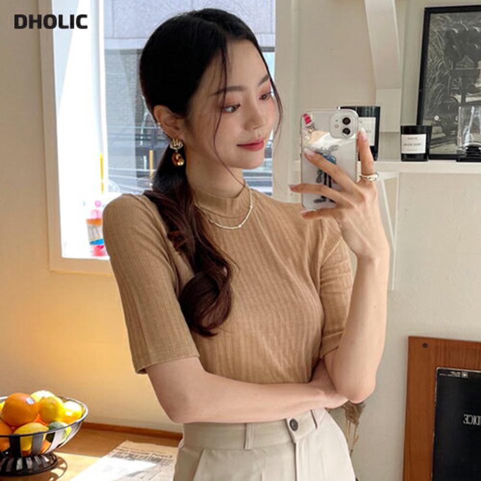 ハーフネックリブTシャツ・全6色・t57942 レディース 【tops】韓国 ファッション トップス Tシャツ 半袖 ハーフネック 上品 ラウンドネック リブ スリム フィット タイト 体型カバー 細身 フェミニン 秋 夏 春