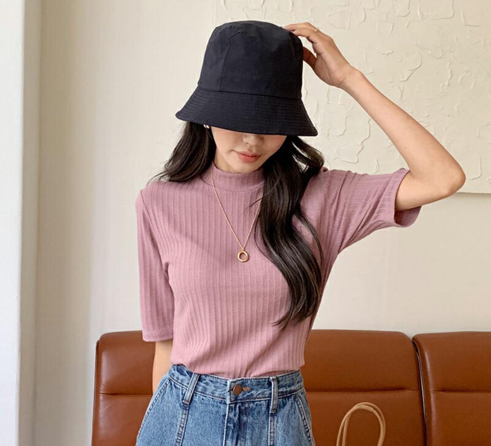 ハーフネックリブTシャツ・全6色・t57942 レディース 【tops】韓国 ファッション トップス Tシャツ 半袖 ハーフネック 上品 ラウンドネック リブ スリム フィット タイト 体型カバー 細身 フェミニン 秋 夏 春