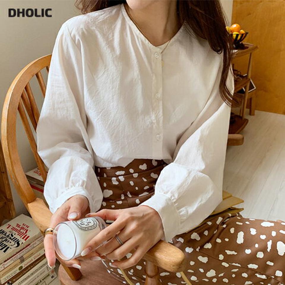 ラウンドネックボタンシャツ・全3色・t57946 レディース 【bl】韓国 ファッション トップス シャツ 長袖 無地 ボタン ノーカラー ラウンドネック フェミニン カジュアル スリム 秋 夏 春