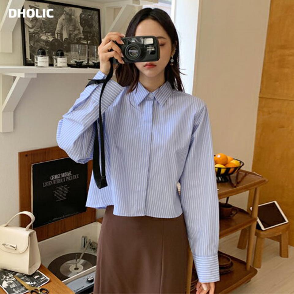 2TYPEフライフロントクロップドシャツ・全3色・t57947 レディース 【bl】韓国ファッション トップス シャツ 長袖 ポロ襟 クロップド 無地 ストライプ ボタン カラーネック フェミニン カジュアル スリム 秋 夏 春