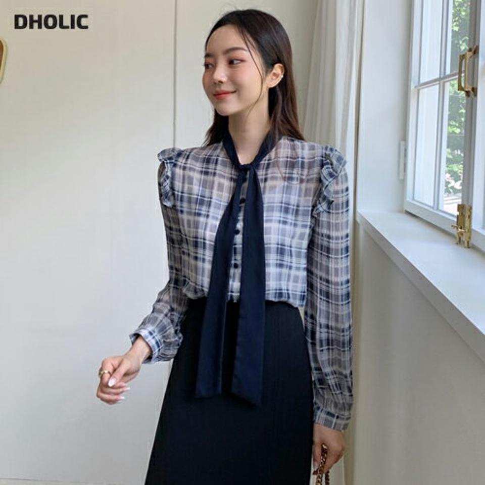 チェックプリーツスリーブリボンブラウス・全2色・t57973 レディース 【bl】韓国ファッション トップス ブラウス 長袖 ルーズ ゆったり プリーツ シフォン チェック パターン ユニーク リボン フリル フェミニン カジュアル スリム 秋 夏 春