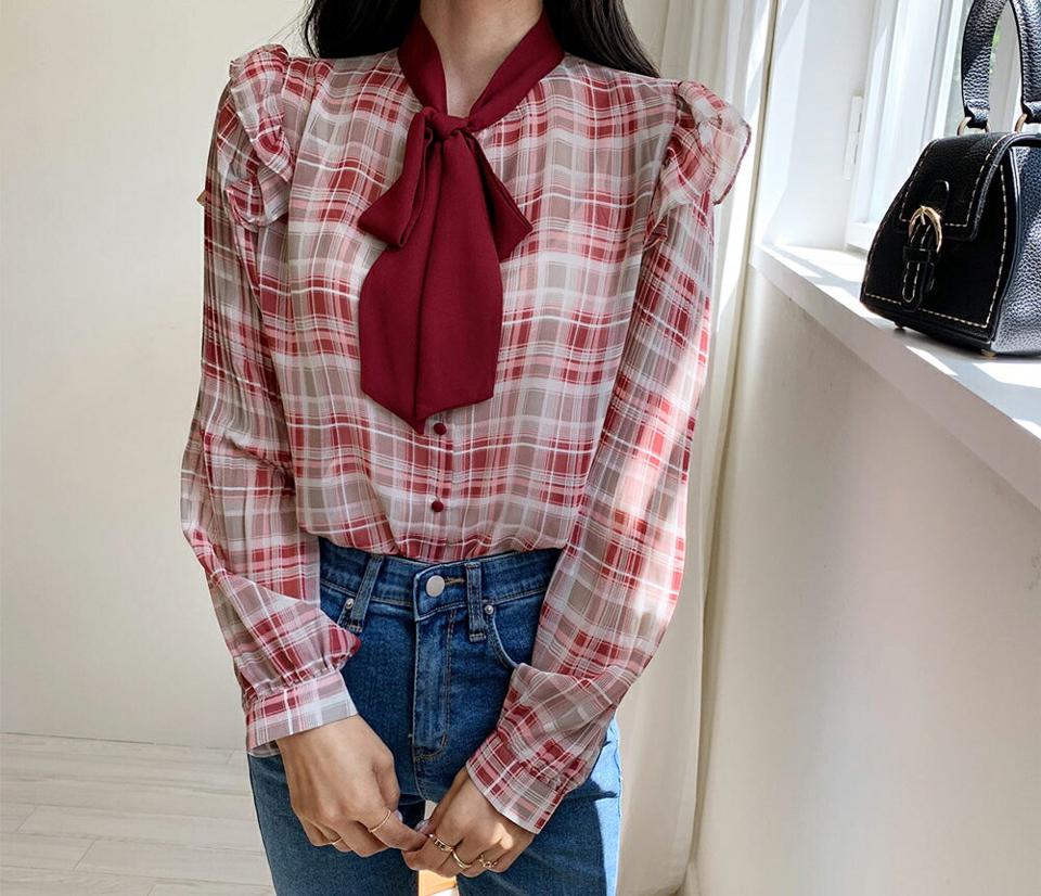 チェックプリーツスリーブリボンブラウス・全2色・t57973 レディース 【bl】韓国ファッション トップス ブラウス 長袖 ルーズ ゆったり プリーツ シフォン チェック パターン ユニーク リボン フリル フェミニン カジュアル スリム 秋 夏 春