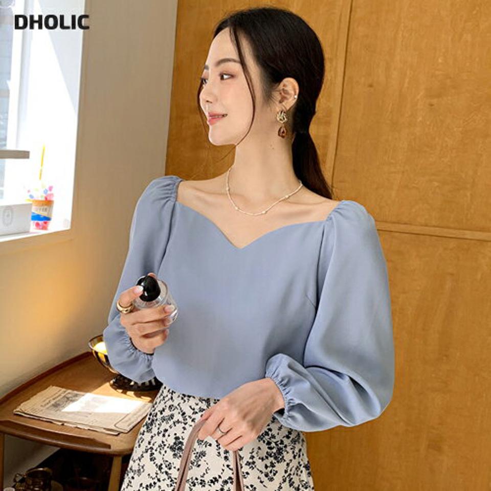 ハートネックブラウス・全3色・t57949 レディース 【bl】韓国ファッション トップス ブラウス 長袖 ルーズ ゆったり ベーシック ハートネック ギャザー ゴム フェミニン カジュアル スリム 秋 夏 春