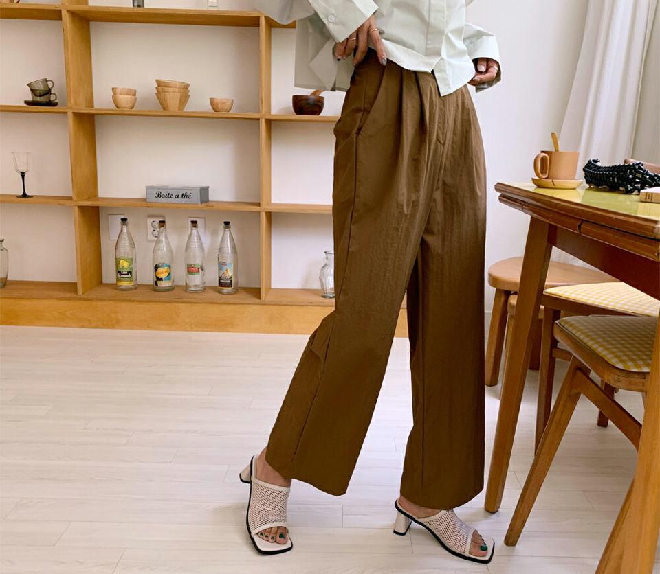 ナイロンワイドパンツ・全4色・t57966 レディース 【pt】韓国 ファッション ボトムス ロング ロングパンツ ベーシック ナイロン ドライ ツータック ワイド ハイウエスト スリム 体型カーバー 細身 足長 着痩せ 夏 春