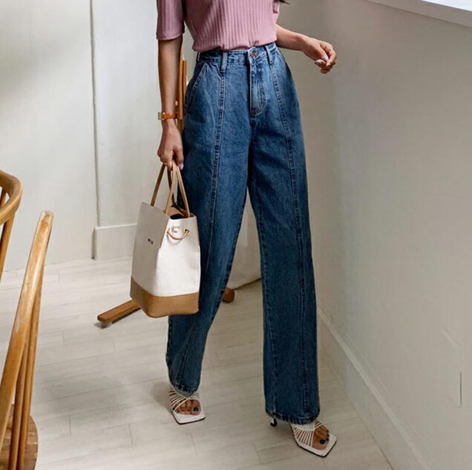 ステッチワイドデニムパンツ・全1色・t57969 レディース 【pt】韓国ファッション ボトムス ロング ロングパンツ ベーシック デニムパンツ デニム ハイウエスト ワイド 美脚 ステッチ スリム 体型カバー 細身 足長 着痩せ 夏 春