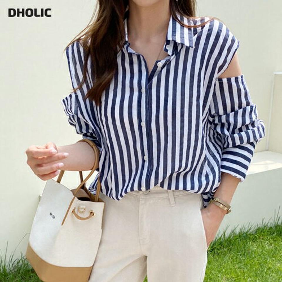 オープンショルダーストライプシャツ・全2色・t69841 レディース 【bl】トップス シャツ ストライプ柄 長袖 オープンショルダー 肩出し 爽やか カジュアル 大人 春 秋 韓国 ファッション ハイホリHIHOLLI