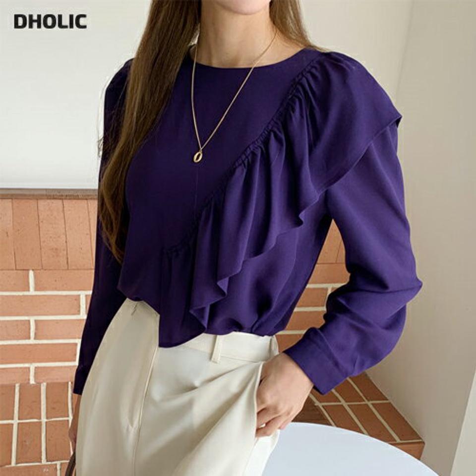 アシメフリルブラウス・全4色・b69810 レディース 【bl】トップス ブラウス 長袖 フリル アシメ 単色 無地 シンプル かわいい 春 秋 韓国ファッション ハイホリHIHOLLI