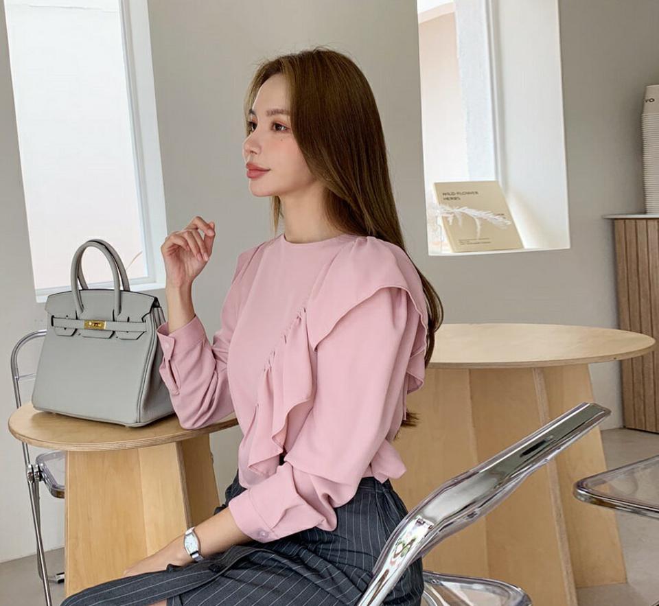 アシメフリルブラウス・全4色・b69810 レディース 【bl】トップス ブラウス 長袖 フリル アシメ 単色 無地 シンプル かわいい 春 秋 韓国ファッション ハイホリHIHOLLI