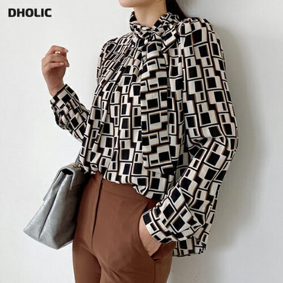 パターンネックリボンブラウス・全3色・b69809 レディース 【bl】トップス ブラウス 長袖 総柄 モダン モード ネックリボン 雰囲気 大人 ハイネック 春 秋 韓国 ファッション ハイホリHIHOLLI