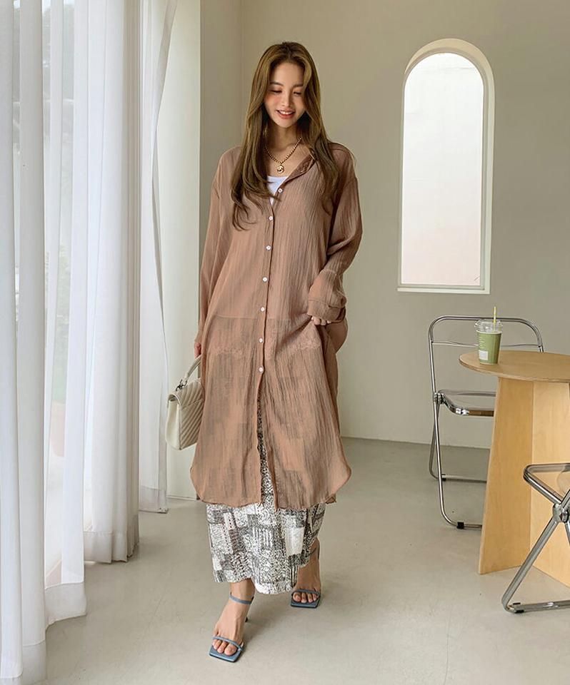 シアーロングシャツ・全3色・t69811 レディース 【bl】トップス シャツ ロングシャツ 長袖 シアー 透け感 シースルー フェミニン 単色 無地 シンプル カジュアル ラフ 春 秋 韓国 ファッション ハイホリHIHOLLI