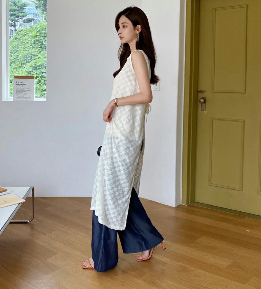 2WAYスクエアシアーワンピース・全2色・t69833 レディース 【ops】ワンピース ロング スリーブレス ノースリーブ シアー 透け感 シースルー 前後着用自由 カジュアル ブロックチェック 春 夏 韓国 ファッション ハイホリHIHOLLI