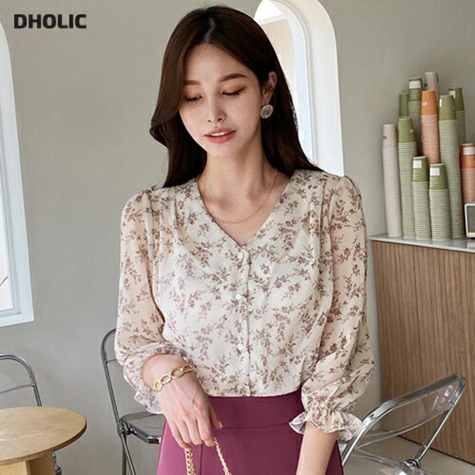フローラルシフォンVネックブラウス・全3色・b69763 レディース 【bl】トップス ブラウス 長袖 Vネック シフォン 透け感 シアー シースルー フェミニン 上品 春 秋 韓国 ファッション ハイホリHIHOLLI