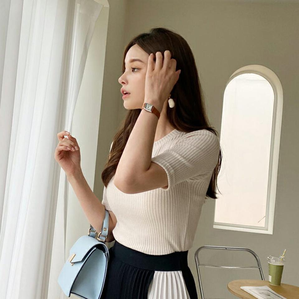 リブスリムニット・全6色・t69758 レディース 【tops】トップス ニット ハーフスリーブ 半袖 リブ 単色 無地 シンプル ベーシック カジュアル ラフ 春 夏 韓国 ファッション ハイホリHIHOLLI