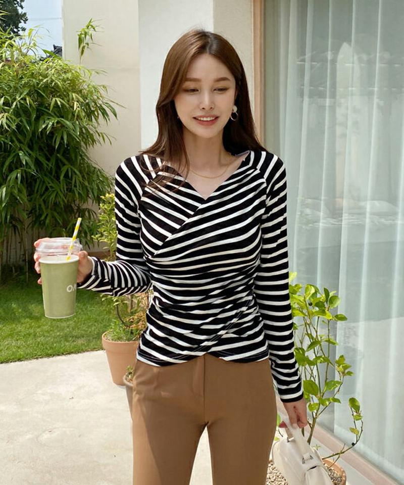 クロスボーダーTシャツ・全2色・b69830 レディース 【tops】トップス Tシャツ 長袖 ボーダー柄 クロス デコルテ 鎖骨 大人 カジュアル Vネック 春　秋 韓国 ファッション ハイホリHIHOLLI